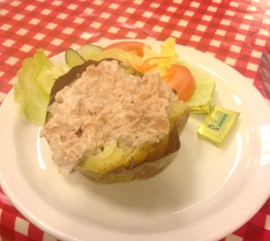 An acceptable jacket potato with tuna mayonnaise and salad at Tim's Kitchen. 